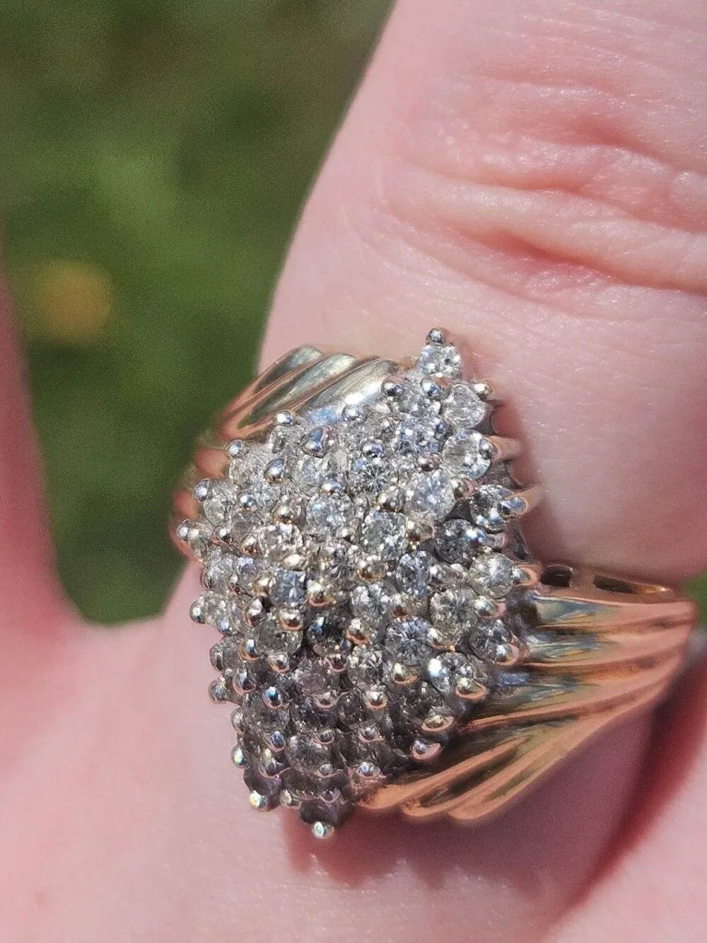 10K Yellow Gold Diamond Large Marquise Shaped Cocktail Cluster Ring Size 7.25
